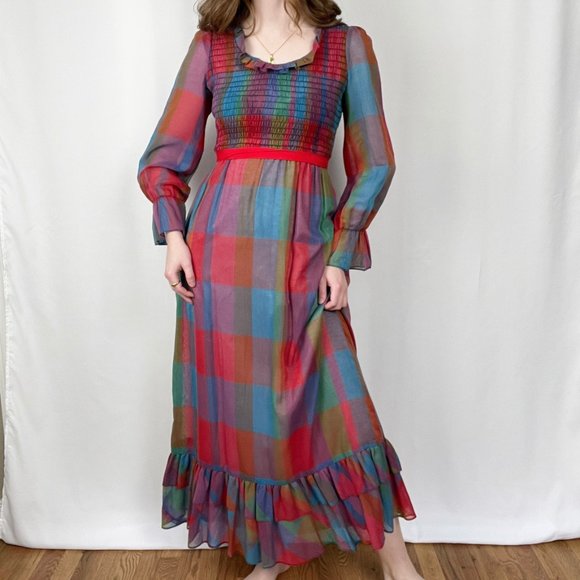 Vintage Dresses & Skirts - Vintage Cottagecore Puff Balloon Sleeve Plaid Tiered Ruffle Maxi Dress Handmade